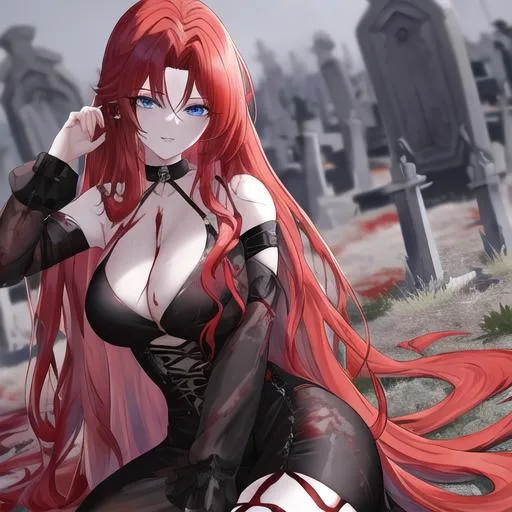 Prompt: Haley 1female. Long red hair styled in loose, voluminous curls, adding a touch of fiery allure to her look. Sunken blue eyes, captivating and full of mystery. Highly detailed face. 8K. UHD.  Ghastly pale, decaying skin. Wearing  tattered, blood-stained clothes. in a graveyard posing for the camera. Young adult. As a zombie