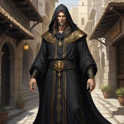 Prompt: Full body, Fantasy illustration of a male cleric, 40 years old, skinny, oliv skin, black hooded robe with golden ornaments, very long and greasy hair, stern expression, hollow shadowy eyes, hooked nose, high quality, rpg-fantasy, detailed, greek town background