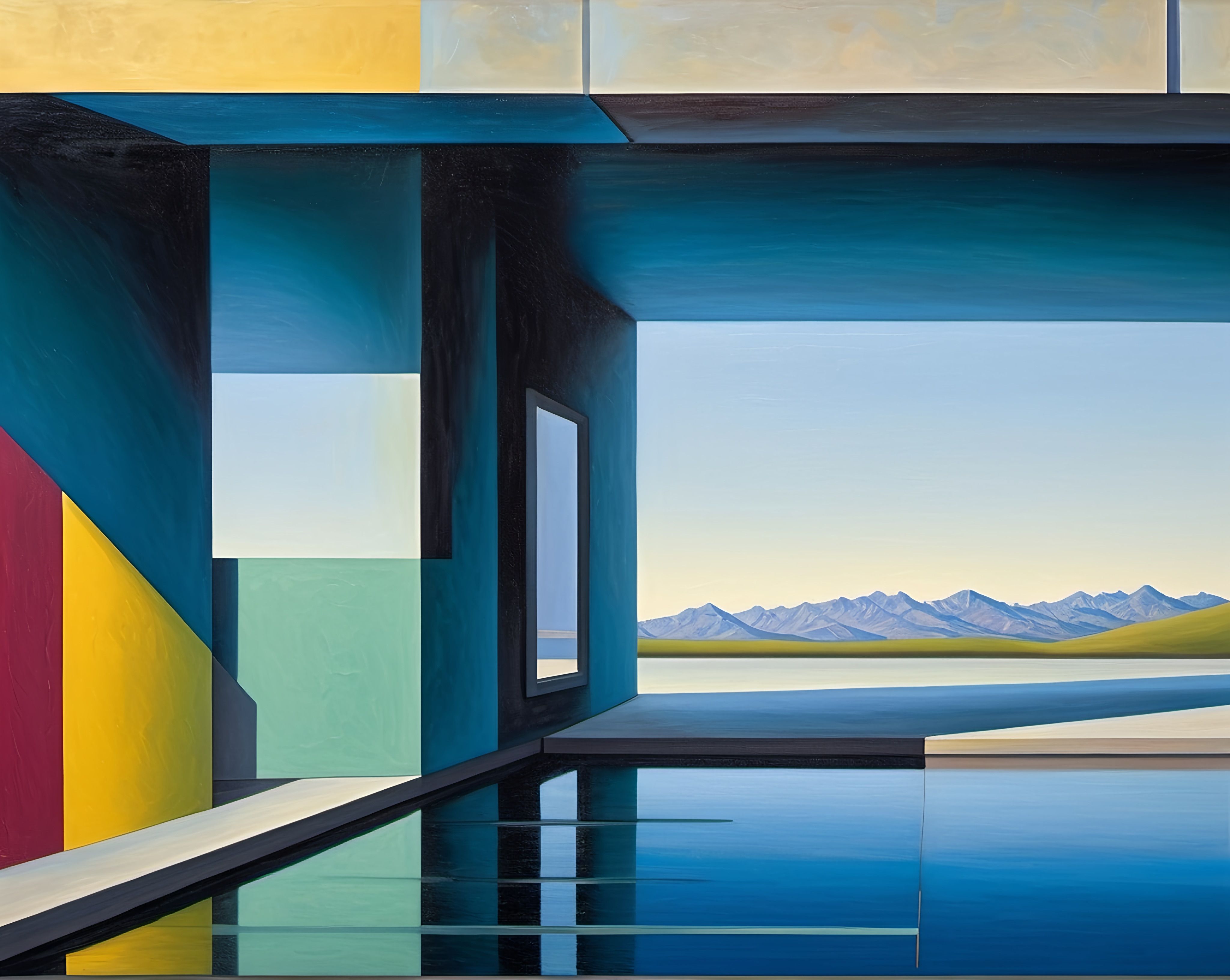 Prompt: a painting of a pool with mountains in the background and a sky line above it, with a reflection of the water