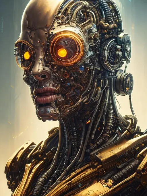 Prompt: closeup portrait of @me as a cyborg, mechanical parts, ultra realistic, concept art, intricate details, eerie, highly detailed, photorealistic, 8k, unreal engine. art by artgerm and greg rutkowski and charlie bowater and magali villeneuve and alphonse mucha, golden hour, cyberpunk, robotic, steampunk, neon colors, metallic textures.