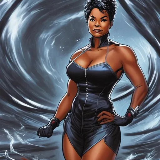 Prompt: Nia long as storm from marvel comics, 10k, UHD, have 5 tornados in the back.