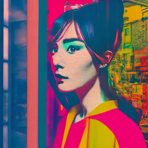 Prompt: an English woman looking into a window, in japan, nighttime, realistic, futuristic, 4K, in the background the metaverse, neon, in the style of Andy warhol, vibrant pastels, very colorful