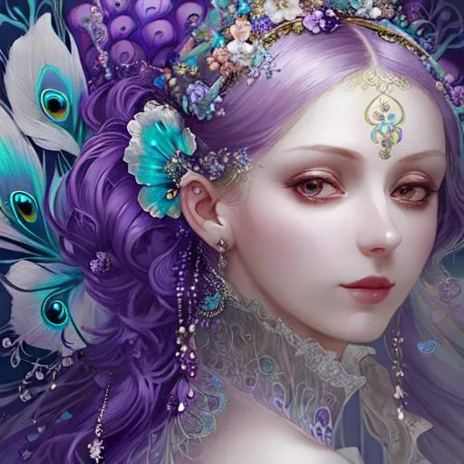 Prompt: dynamic composition of a pale skinned woman with hair of flowers and peacock plummage  of aqua and purple, ornate details,lacey clothes, facial closeup in the style of DaVinci