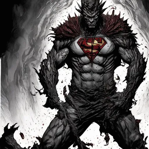 Prompt: Todd McFarlane Superman dragon variant 50%human,50%dragon face. muscular. dark gritty with some colour. Bloody. Hurt. Damaged. Accurate. realistic. evil eyes. Slow exposure. Detailed. Dirty. Dark and gritty. Post-apocalyptic. Shadows. Sinister. Intense. 