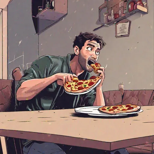 Prompt: guy eating pizza alone on quiet place