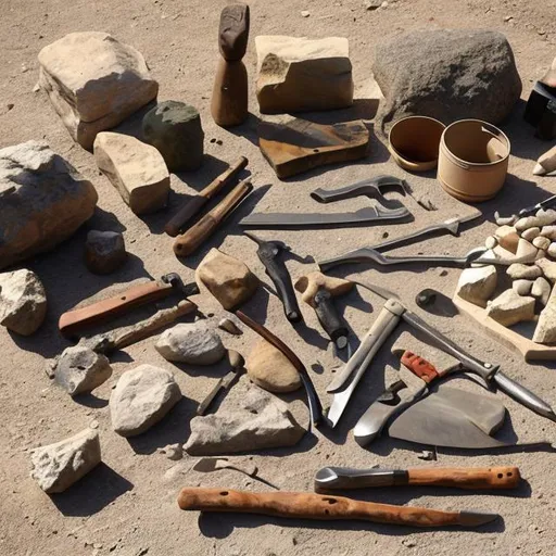 Prompt: Tools and weapons of stone ages