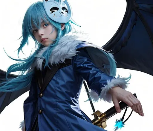 European boy yellow glow eyes long cyan hair white mask on hair black demon wings light blue co