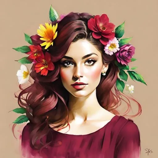 Prompt: flower woman in colors of maroon