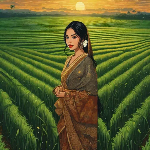 Prompt: (aerial shot), pretty young Indonesian girl, 25 year old (round face, high cheekbones, almond-shaped brown eyes, small delicate nose, long black hair), standing in middle of tropical rice field, ((looking up)), wet clothes, ((rain)), night sky with stars, masterpiece, intricate details