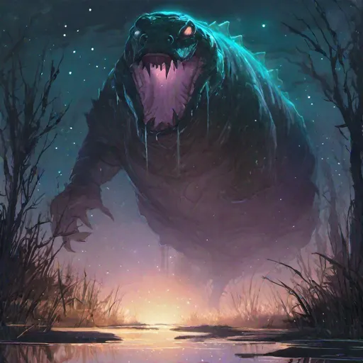 Prompt: A scary translucent bunyip that is glowing, in the wetlands, beneath the stars, bioluminescent, highres, best quality, concept art