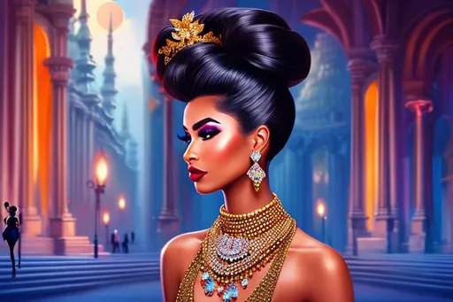 Prompt: head-on, surreal cartoon, high fashionista walking toward viewer, Stunning, glossy portrait of a stunning dark skinned woman with hair pulled back into a bun, she is dressed like a summer queen, dramatic jewelry, statement necklace, background is architecture lit by the moon,  trending on artstation