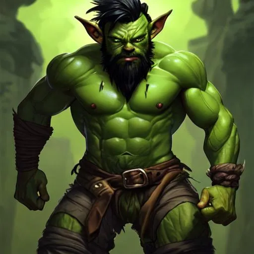 Prompt: young goblin, male, green skin, manly, beard, supernatural strength and abilities,
