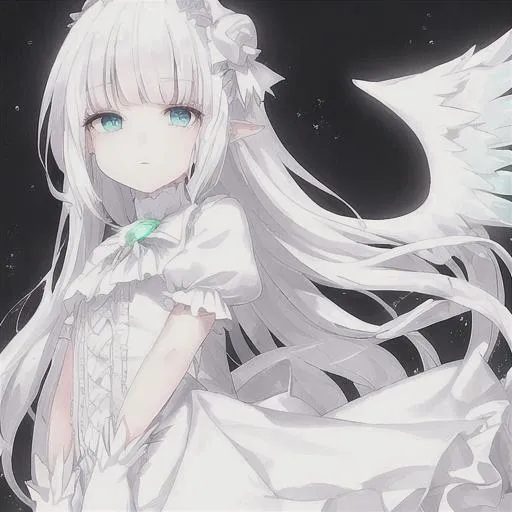 Prompt: white haired girl with beautiful eyes
white dress with hints of rainbow
angel wings with hints of rainbow soft mist