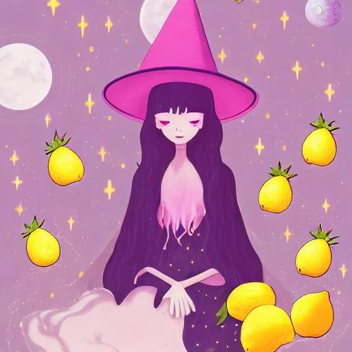 Prompt: Witch, aesthetic, nature, pastel, beautiful, painting, fairycore, strawberries, cute, flowers, soft, lemons, art, rpg, sweet, milk, crystals, highres, illustration, Steven universe, moon, stars, space