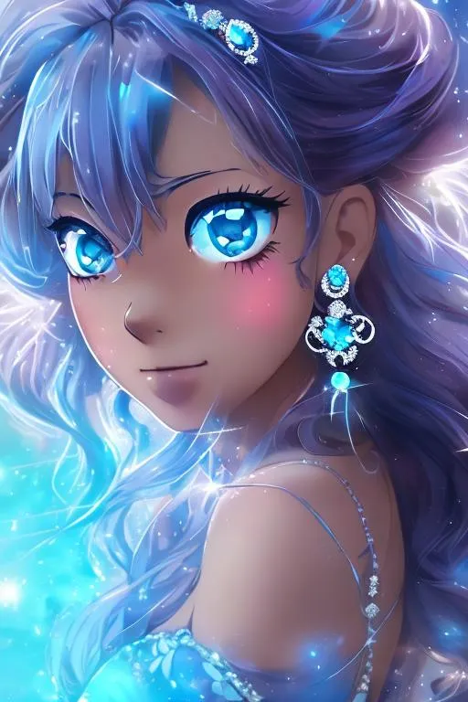 Prompt: Anime, Princess, Blue eyes, Blue Ballgown, Blue Topaz earrings, brown skin, HD, 4k, High Quality, Effects.