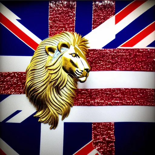 Prompt: british flag design with horse and lion crests designed using gold and silver gilded crystal stones made with blue white red sequins