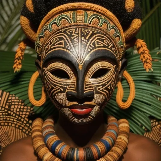 Prompt: (African masks), intricate designs, vibrant colors, warm earthy tones, (cultural symbolism), detailed textures, rich patterns, background featuring lush jungles or traditional settings, illuminating soft light, showcasing artistic heritage, crafting a profound ambience, (ultra-detailed), high quality, striking visual storytelling.