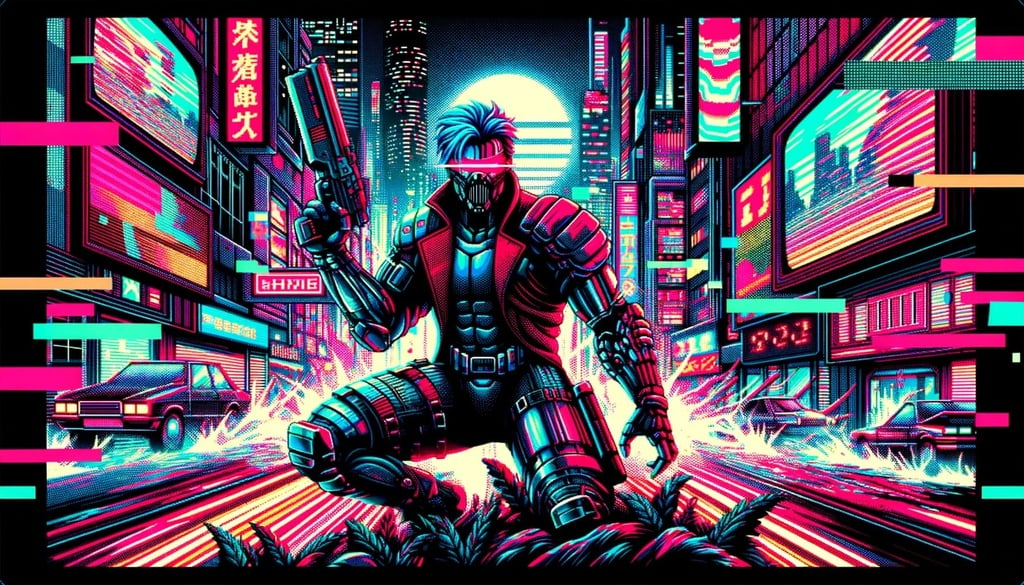 Prompt: Digital art in 32K UHD resolution showcasing a cyberpunk hero, set against a terrorwave-inspired backdrop. The scene has strong pop art aesthetics, with vivid colors and striking patterns. Glitchcore elements intermittently disrupt the image, adding to its edginess.