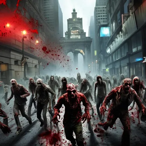 Prompt: Zombies overrunning city, blood splatter on screen