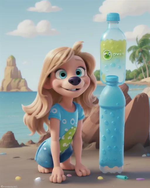 Prompt: Chloe the eco warrior cocker spaniel collecting empty water bottles on the beach, cartoon style, Disney Pixar, vibrant and cheerful color palette, eco-friendly attire, clear blue skies with rubbish on sandy beach backdrop, expressive and friendly eyes, playful and adventurous pose, high quality, detailed fur, cartoon, vibrant colors, environmental theme, cheerful expression, whimsical, professional cartoon art style