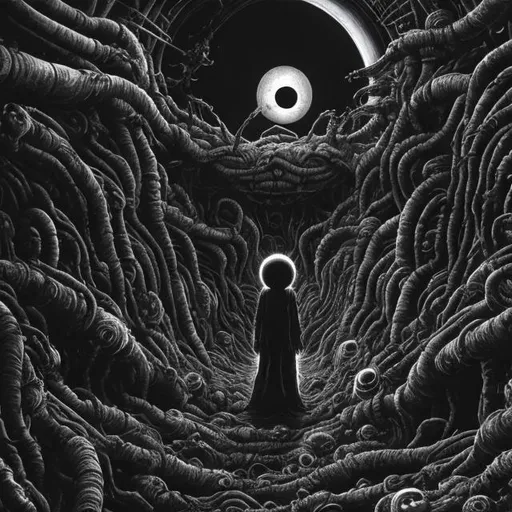 Prompt: Dark open galactic space void filled with dread, Junji Ito style, detailed cosmic horror, high detail, black and white, eerie lighting, surreal void, haunting atmosphere, intense shadows, unsettling shapes and forms, best quality, highres, ultra-detailed, cosmic horror, Junji Ito style, dark tones, surreal, eerie lighting