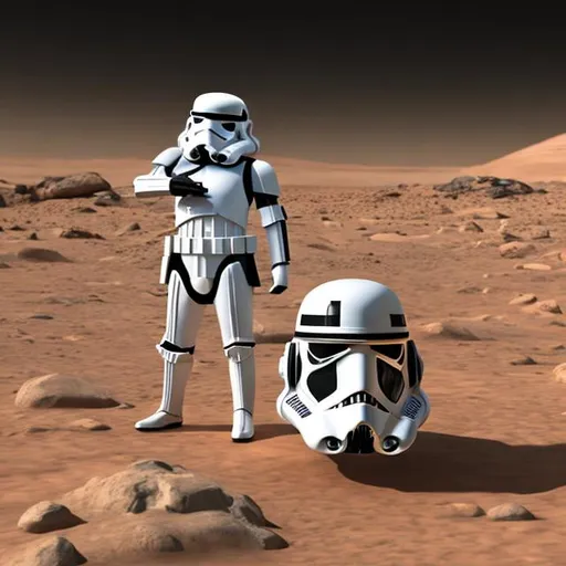Prompt: shiny storm trooper floating around mars
