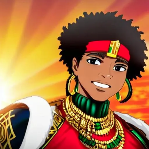 Prompt: Nas full image anime with african features, thick flowing dreadlocks, African warrior king, portrait, high definition, black hair, black skin, smiling, red yellow green  african garb, African jewellery, black background, neutral colors, proportional face, athletic body, sun rays