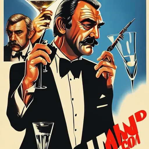 Prompt: james bond with a thick 70s style mustache holding a martini played by sean connery with a thick mustache. on a 70s style movie poster