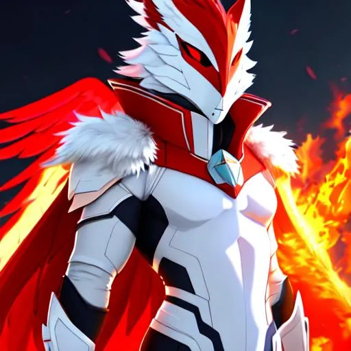 Prompt: a male protogen fursona, well drawn, masterfully drawn, 4k, HD, firebird with firewings on his back, war, red