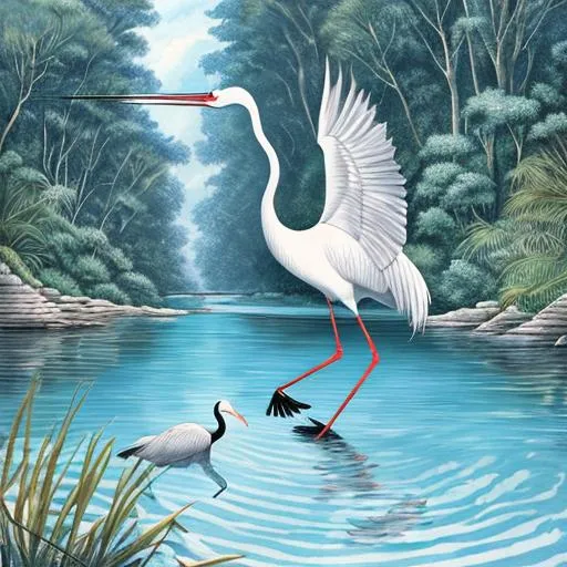 Prompt: an illustration of a crane hunting for fish in a lazy river