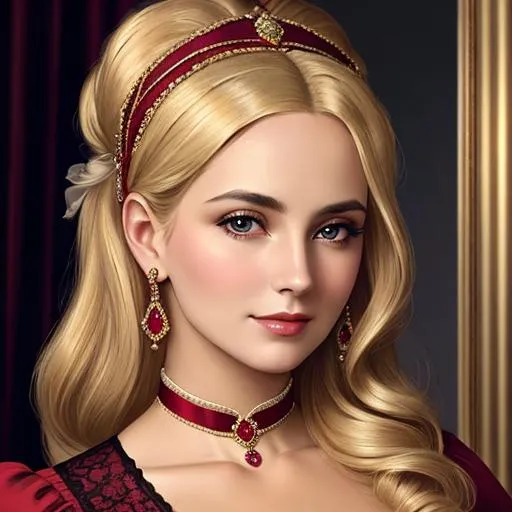 Prompt: Wealthy, stylish lady of the Victorian era, blonde hair, wearing ruby and gold jewelry, wearing ,facial closeup