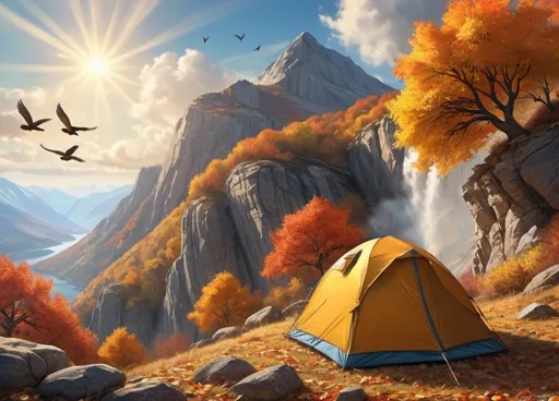 Prompt: A small tent at the edge of a mountain cliff. Heavy winds blowing autumn leaves, Birds of many color, animals small and big eating and running wild. The sun gleams down.