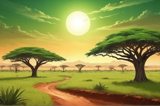 Prompt: Fantasy Illustration of a Beautiful African lush green savanna landscape