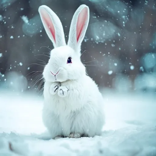 Prompt: A white bunny in the snow having a great time