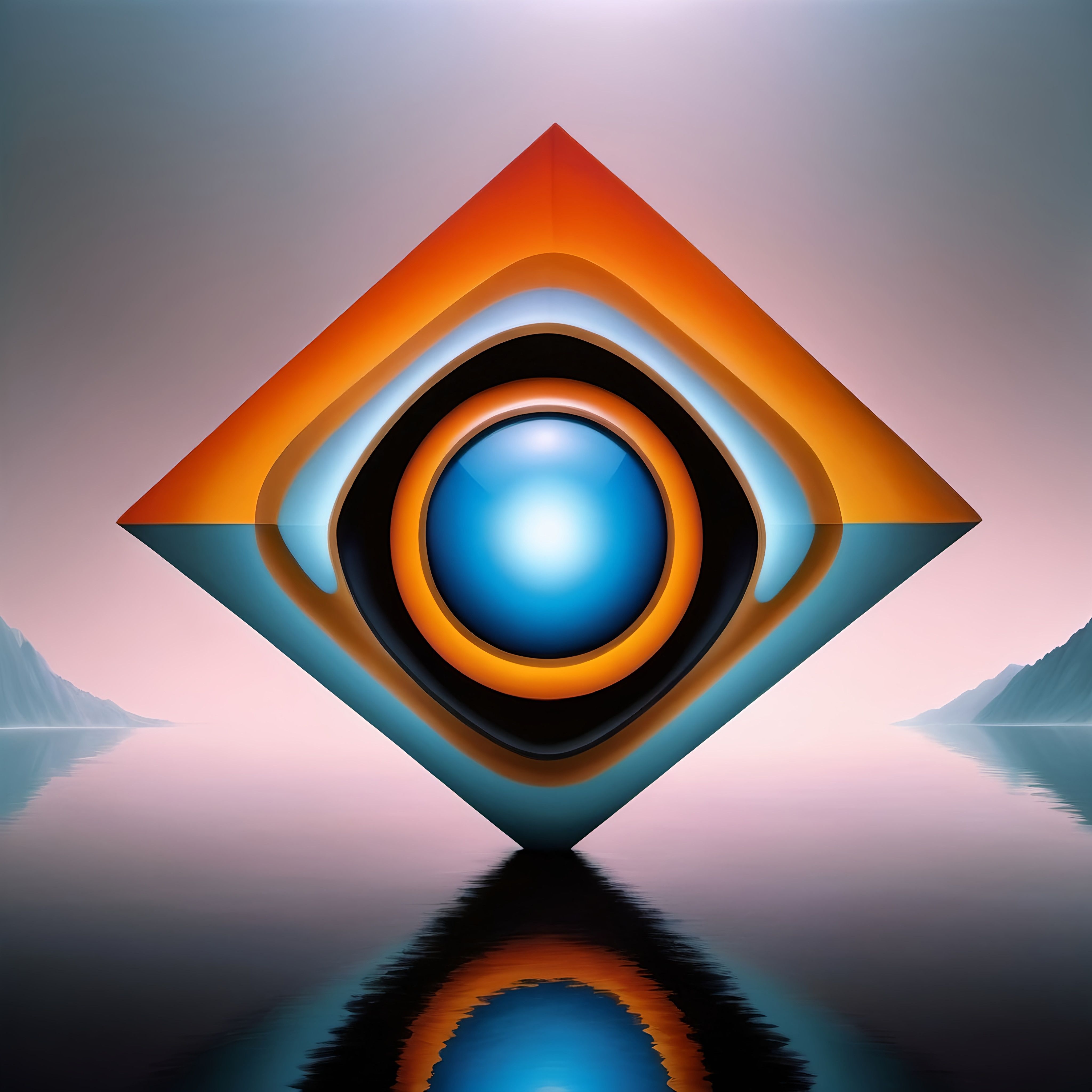 Prompt: a blue and orange object is in the middle of a picture with a reflection on the water and mountains, cybernetics