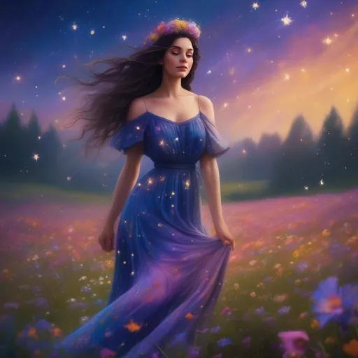 Prompt: A colourful, beautiful brunette, Persephone, in a beautiful flowing dress made of stars in a field of wildflowers. In a photorealistic painted Disney style.