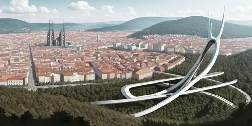 Prompt: in the style of 1960, draw me futuristic vision of the city of Brno in 2150