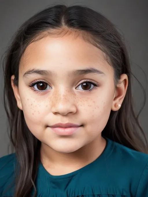 Prompt: photo realistic headshot of beautiful English 5-year-old girl, symmetrical square face, wide-spaced eyes, broad square nose, heavyset brow, brown almond-shaped eyes, dark tan complexion, short wavy black hair, freckles, centered in frame, facing camera, symmetrical face, ideal human, 85mm lens,f8, photography, ultra details, natural light, light background, photo, Studio lighting