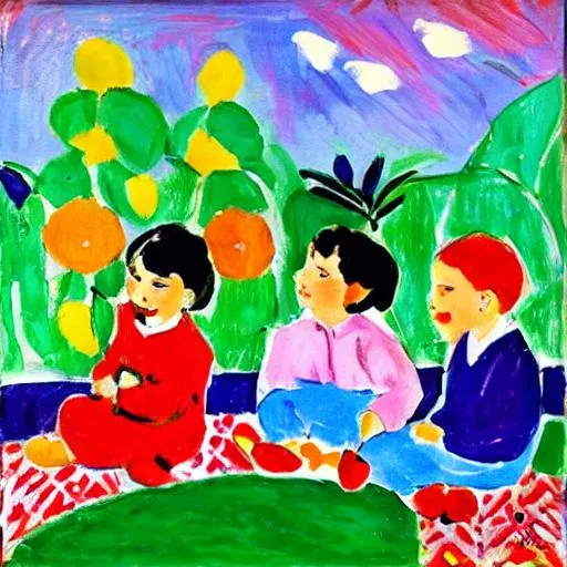 Prompt: painting in the style of matisse, children laughing surrounded by flowers