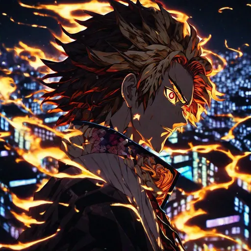 Prompt: portrait of Rengoku from demon slayer on a roof in a city a Gustav Klimt hyperdetailed digital art diffuse light Cinema 4D infinity mysterious 1920s Japan at night Hyperrealistic, splash art, concept art, mid shot, intricately detailed, color depth, dramatic, 2/3 face angle, side light, colorful background

