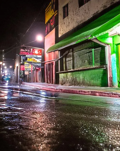 Prompt: color photograph of highly detailed abandoned Mexico City street, at night, with rain, natural light, film grain, soft vignette, sigma 85mm f/1.4 1/10 sec shutter, film still promotional image, IMAX 70mm footage