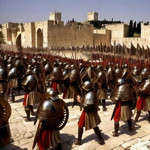 Prompt: roman army preparing to attack ancient jerusalem