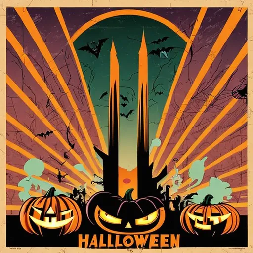Prompt: Retro Halloween comic-style art poster. Use a retro color palette. All assets need to have correct proportions and symmetry. Perspective needs to be consistent and accurate.
