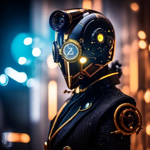 Prompt: Please produce a photograph of a steampunk robotic handsome black male android, with fantasy colors, flashy lights, in a dark background, high quality, trending art, trending on artstation, sharp focus, studio photo, intricate details, highly detailed, UHD, HDR, 8K, ((Masterpiece))