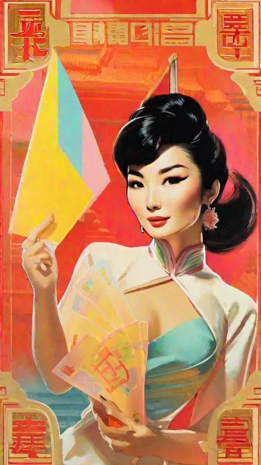 Prompt: A beautiful 60s asian pinup girl, face of Maggie Cheung Man-yuk，poster, holding showing a red card. With mainly like orange red, yellow, white,cyan and pastel pink hue colors.