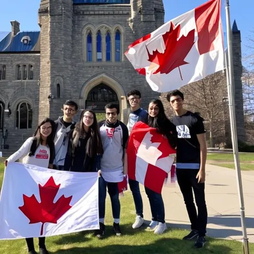 Prompt: students standing in canada university holding a passport and Canada flag
