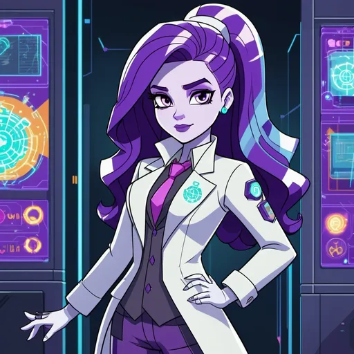 Prompt: cyberpunk equestria girls rarity wearing a cyberpunk business suit and casting holographic force fields