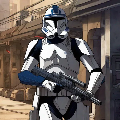 Prompt: Star wars clone trooper. Dark blue armor uniform. He wears a clone helmet type II variation. very narrow t-shaped visor. In background a scifi alley. Rpg art. Star wars art. 2d art. 2d. Well draw face. Detailed. 