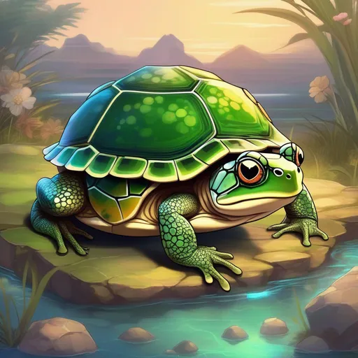 Prompt: a fusion between a frog and a turtle, with a gemstone embedded in its shell, a detailed savannah background, RPG art, Anime art, 2D art, 2D, majestic