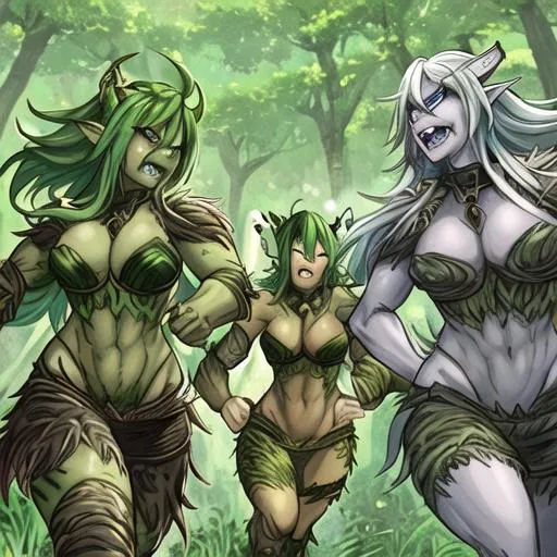 Prompt: three angry female orcs  with sliver hair and green skin clothed in animal skins running together in a forest. Heroic Fantasy style.